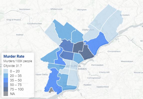 Philadelphia district homicide rates range from 4.2 to 81 per 100k