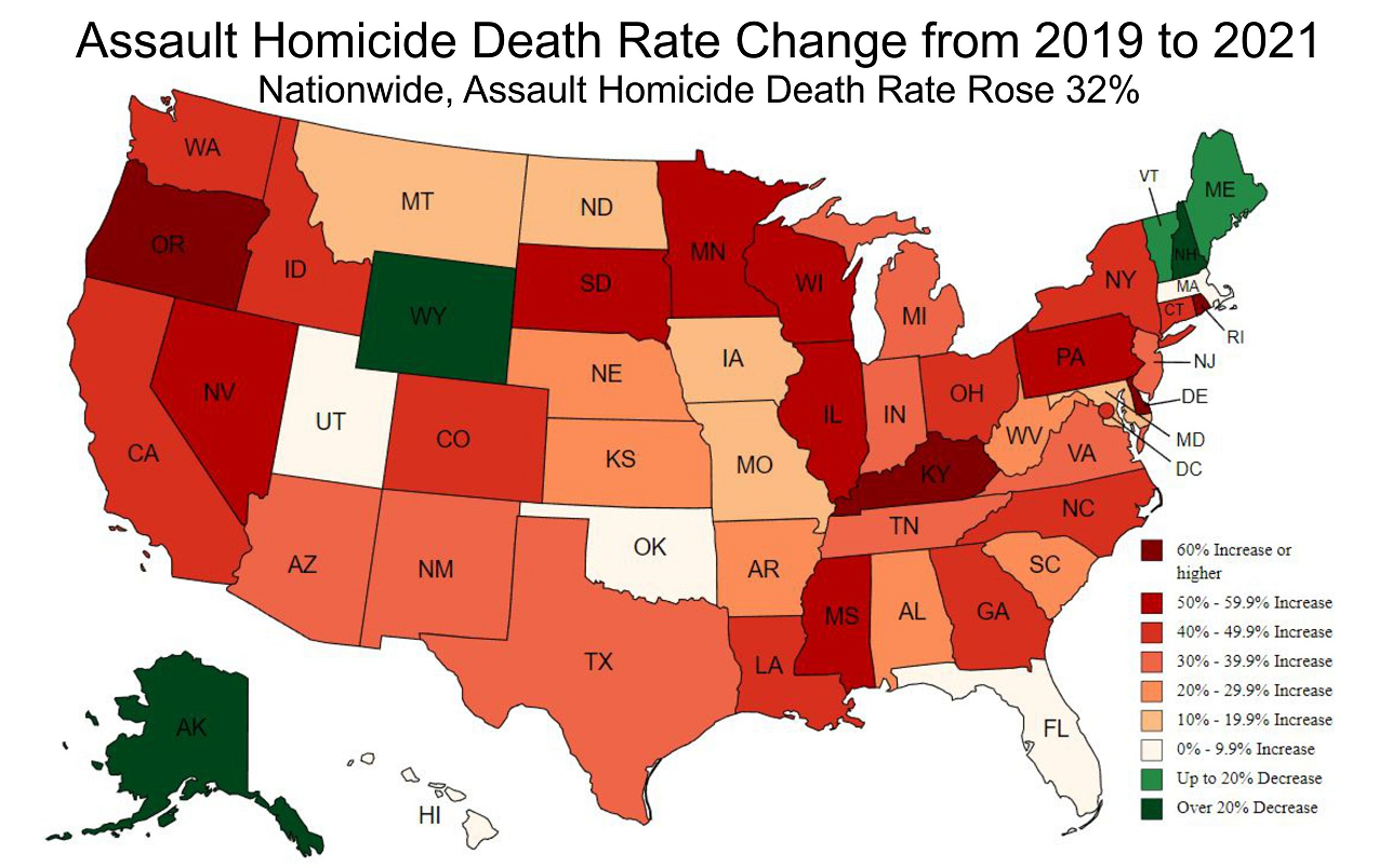 Assault homicide death rate changes from 2019 to 2021